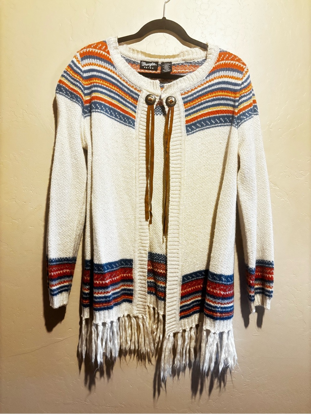 Wrangler Cream Open-Front Cardigan with Orange and Blue Stripes